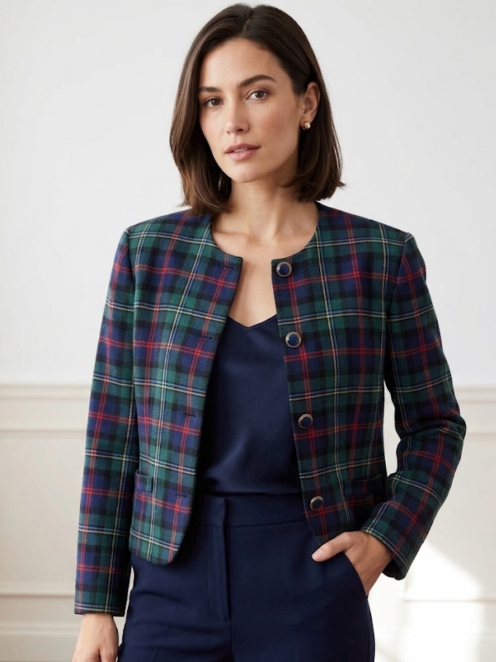 Vintage 80s Pendleton Wool Collarless Plaid Blazer Jacket Size 12 Made in USA